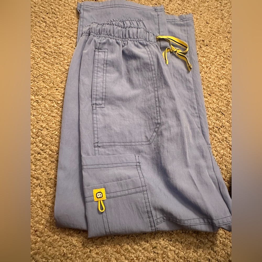 Wonderwink scrubs in light blue. Pants in small and top in medium.